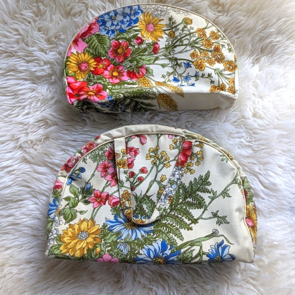Vintage Cosmetics Toiletry Travel Bags w/ Zippers Bright Floral Cottagecore